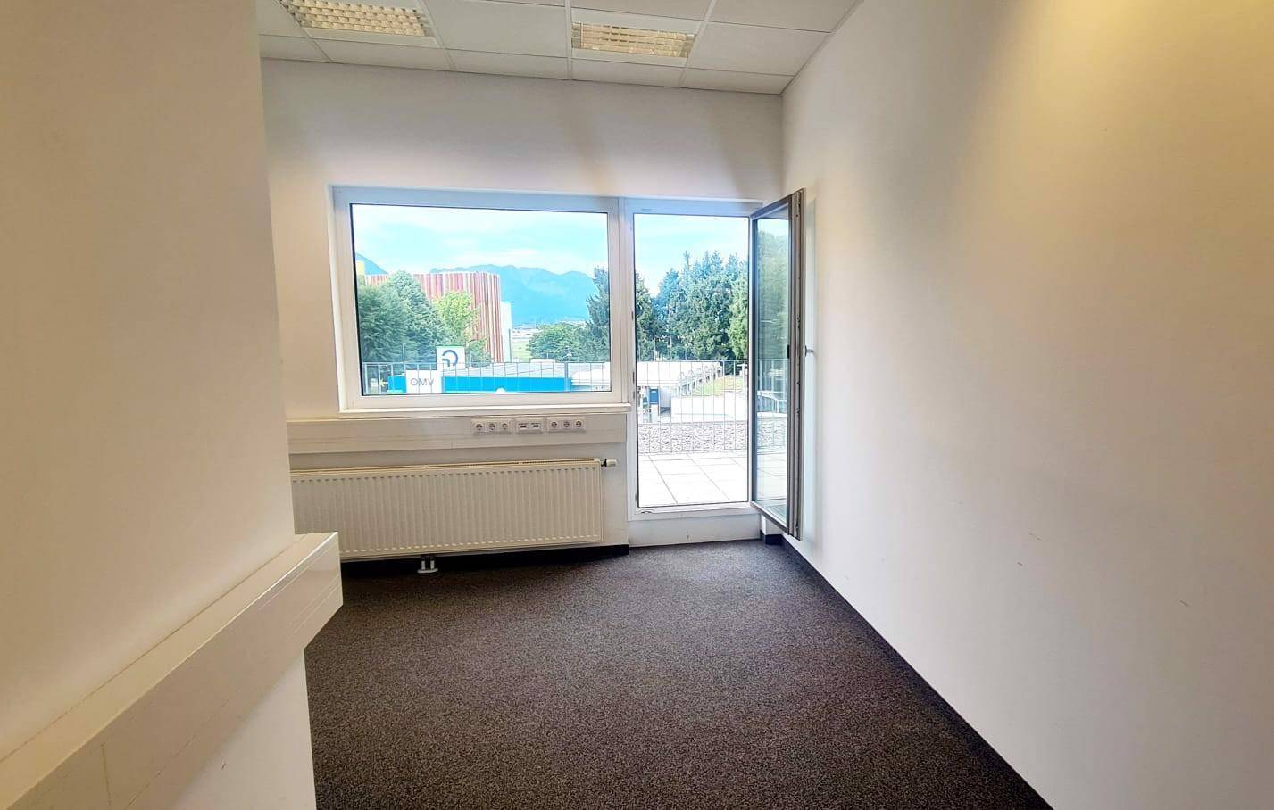 Leeres Büro mit Teppichboden, weißen Wänden und Zugang zu einem Außenbereich mit Bergblick.