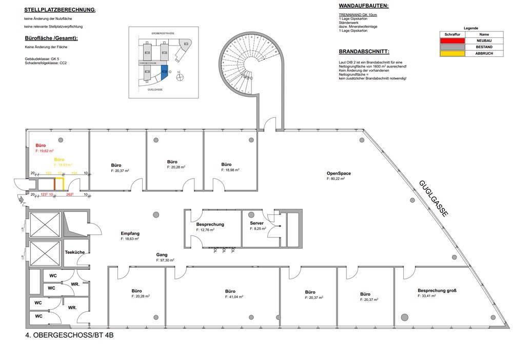 Grundriss eines Bürogeschosses mit farbcodierten Bereichen für Neubau und Bestand, inklusive Großraumbüro.
