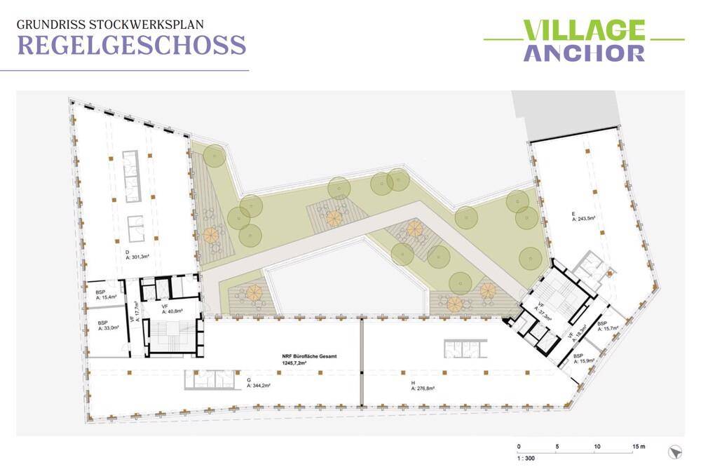 Grundriss eines Regelgeschosses mit Innenhof und verschiedenen Mieteinheiten.