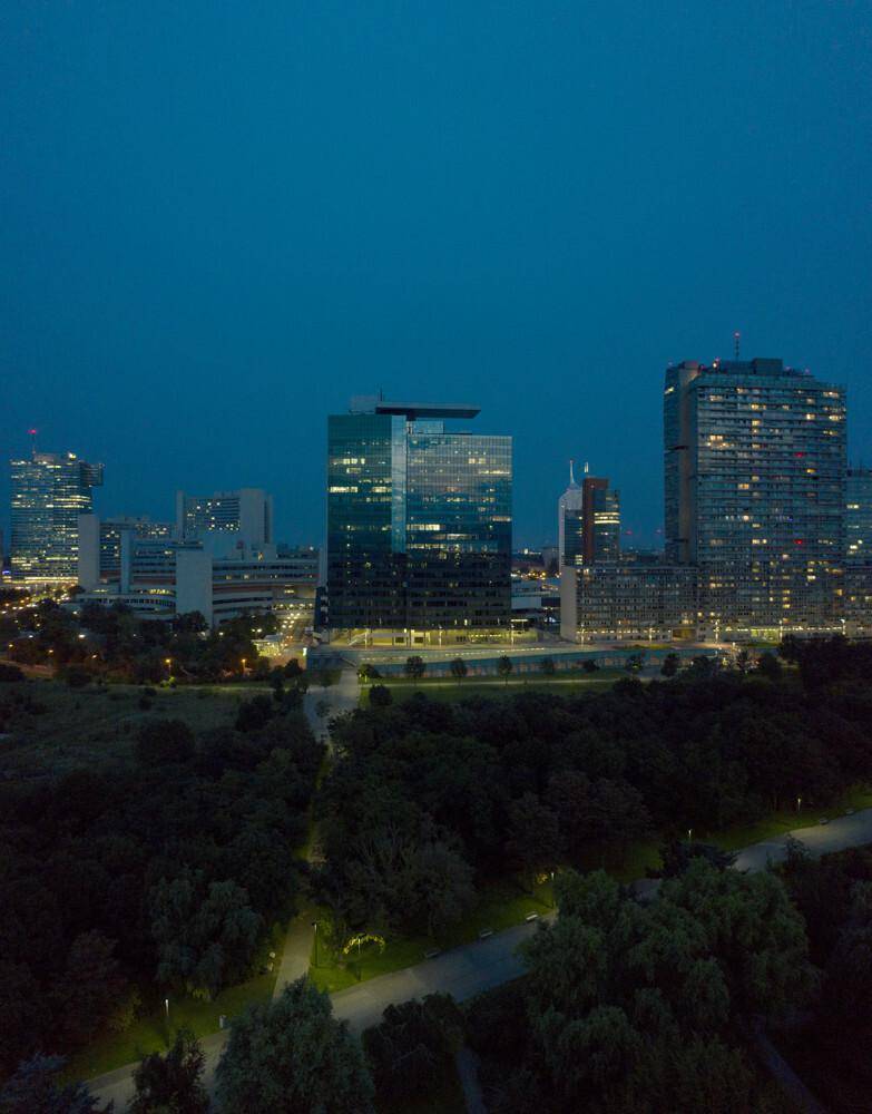 Nächtliche Stadtansicht mit beleuchteten Hochhäusern und einem Park im Vordergrund.