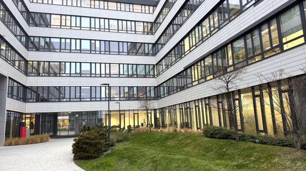 Innenhof eines modernen Bürokomplexes mit gepflegter Grünfläche und vielen Fensterfronten.