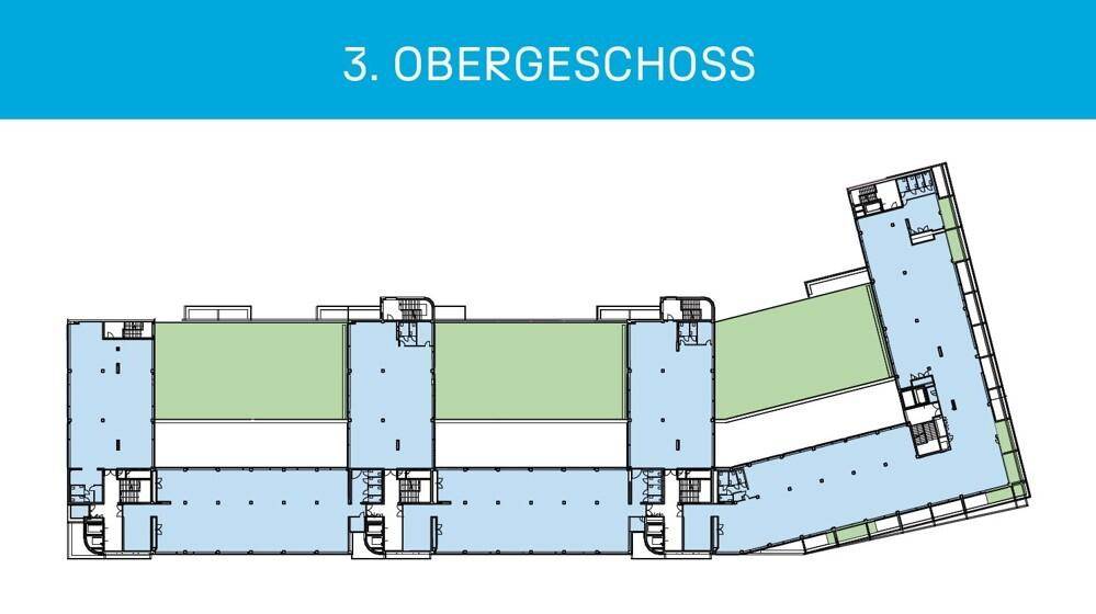 Grundriss des dritten Obergeschosses, der eine großzügige, L-förmige Raumaufteilung mit grünen Außenbereichen zeigt.