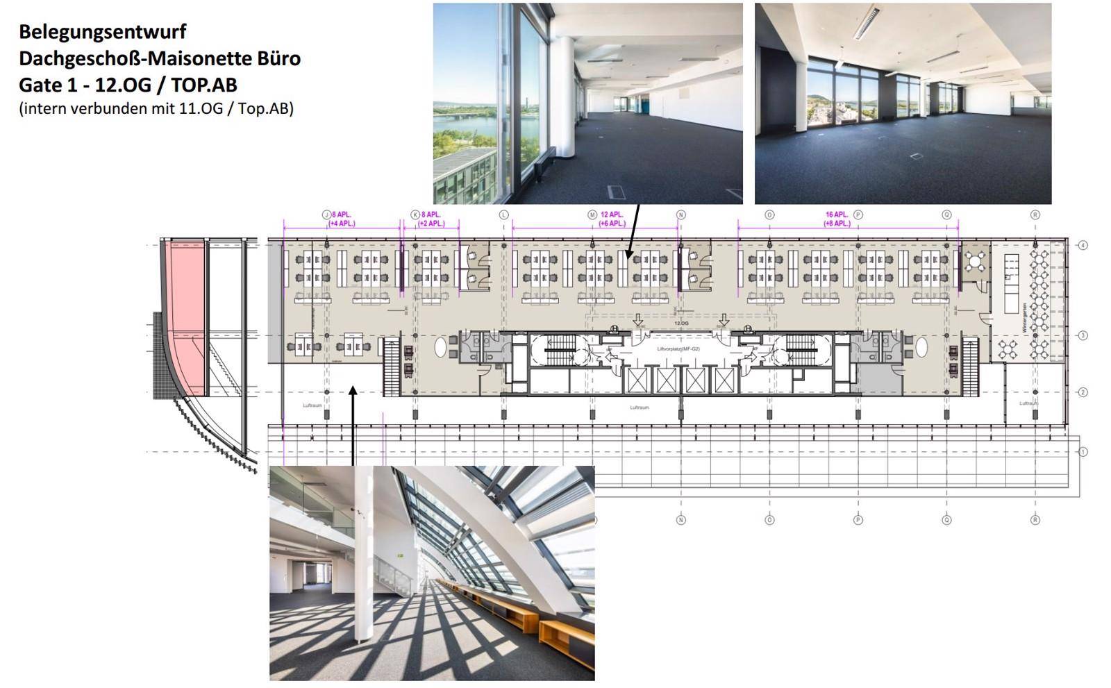 Belegungsentwurf für eine Dachgeschoss-Maisonette Bürofläche mit Grundriss und Ansichten der modernen Innenräume und Aussicht.