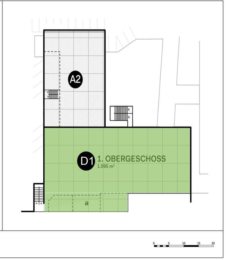 Grundriss des ersten Obergeschosses mit hervorgehobener Fläche D1 und Treppenhäusern für den Zugang.