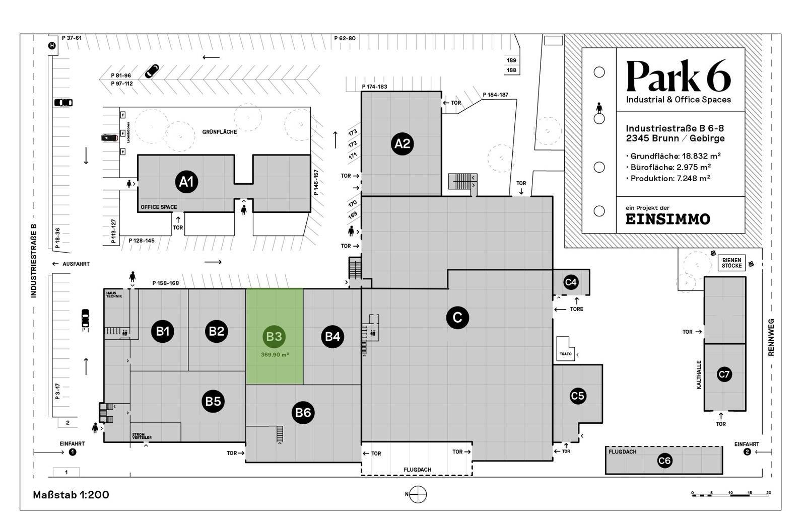 Übersichtsplan eines Industrieparks mit verschiedenen Hallen- und Büroflächen sowie Parkplätzen und Grünflächen.