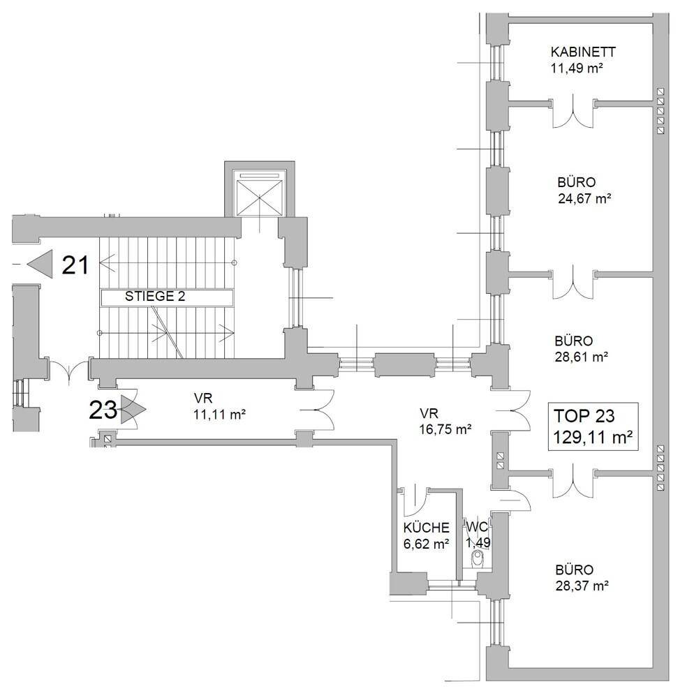 Grundrissplan einer Etage mit mehreren Büroräumen, Küche, WC und Treppenhaus.