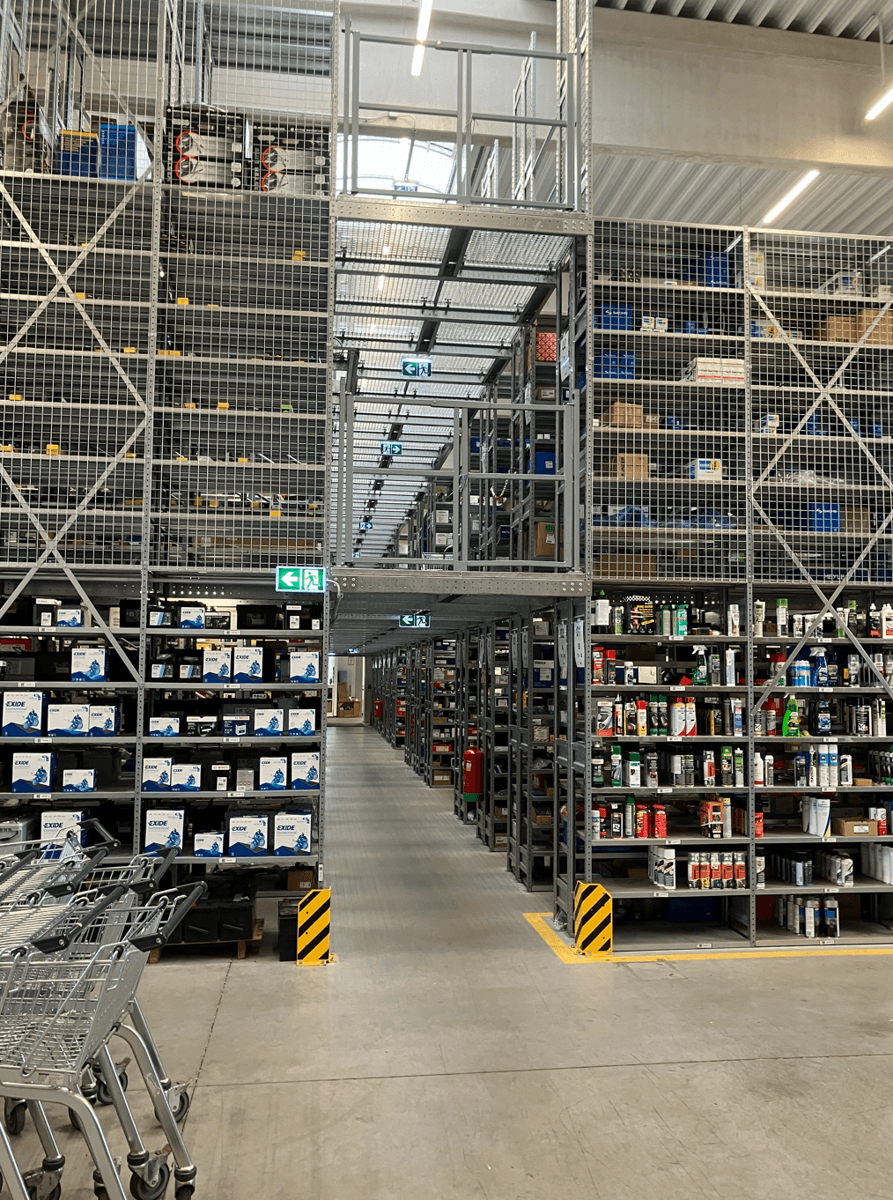 Großes Hochregallager mit mehreren Ebenen voller Produkte und einem Gang für den Materialtransport und Einkaufswagen.