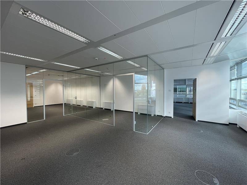 Großes Büro mit Teppichboden und modernen Glasabtrennungen für separate Arbeitsbereiche.