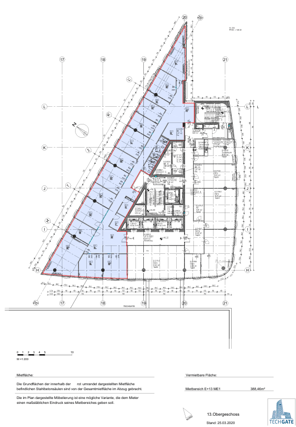 Grundriss des 13. Obergeschosses mit dreieckiger Form und vermietbarer Fläche.