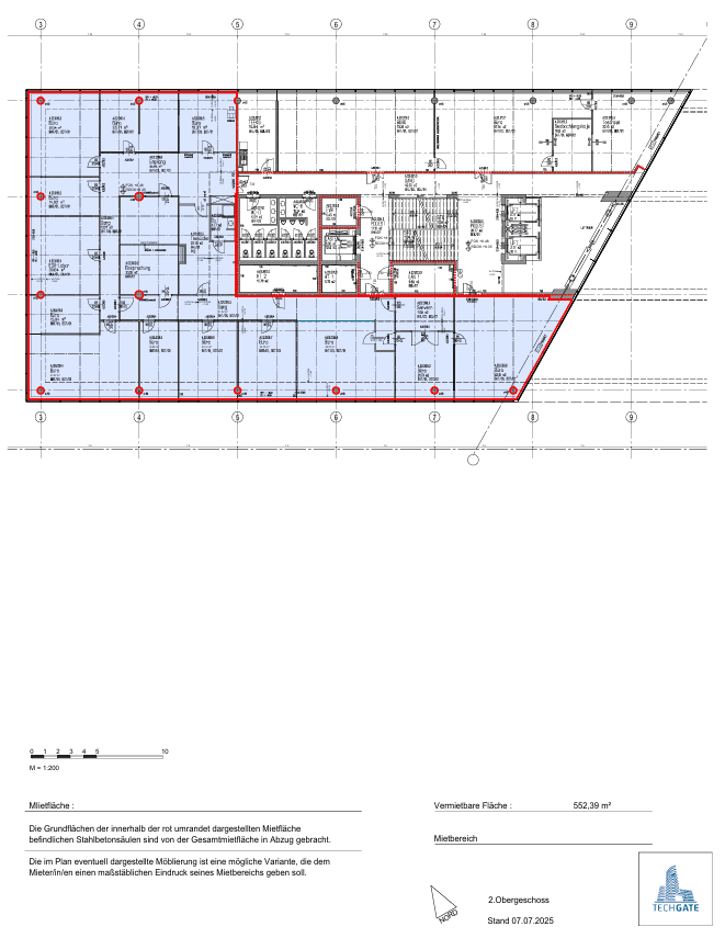 Grundriss des 2. Obergeschosses mit rechteckiger Form und vermietbarer Fläche.