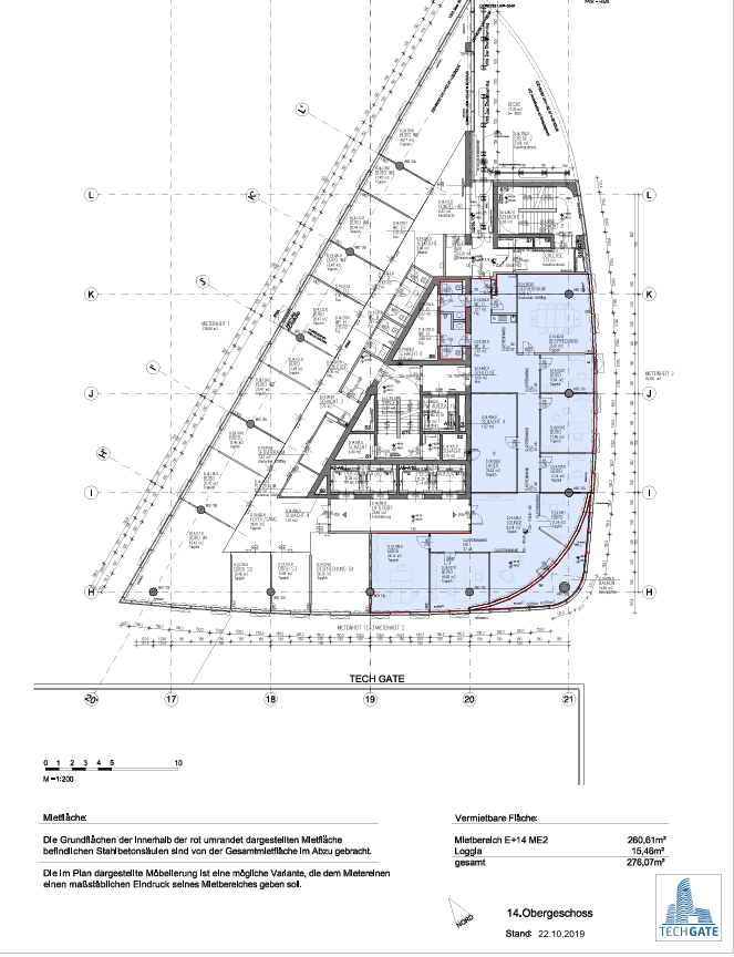 Grundriss des 14. Obergeschosses mit dreieckiger Form und vermietbarer Fläche inklusive Loggia.