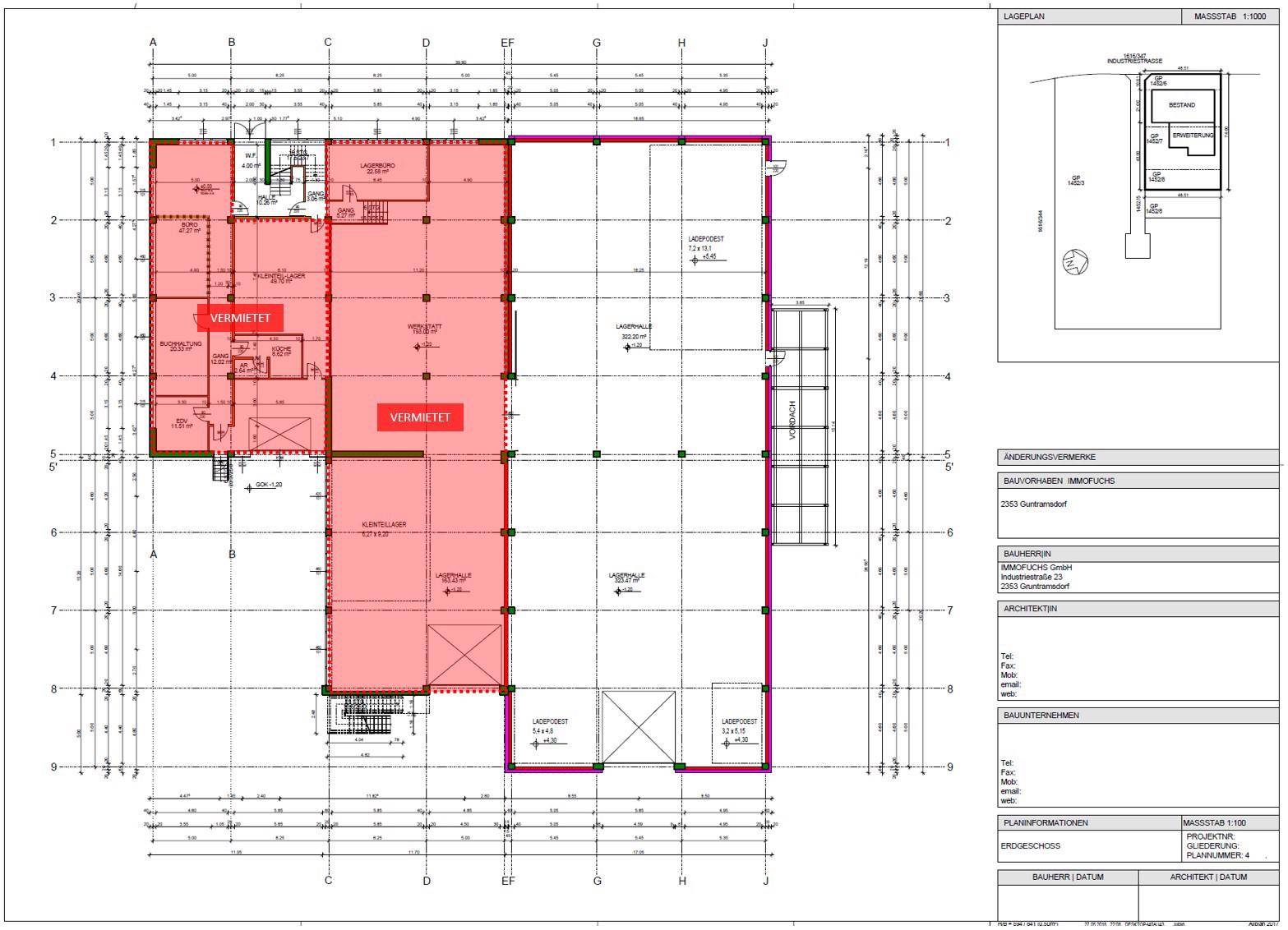 Detaillierter Grundriss des Erdgeschosses eines Gewerbegebäudes mit Lagerhallen und Bürobereichen, teilweise vermietet.