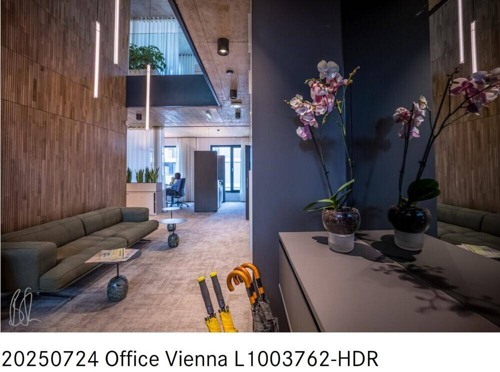 Stilvoller Empfangsbereich eines Büros mit dunklen Wänden und modernen Möbeln.