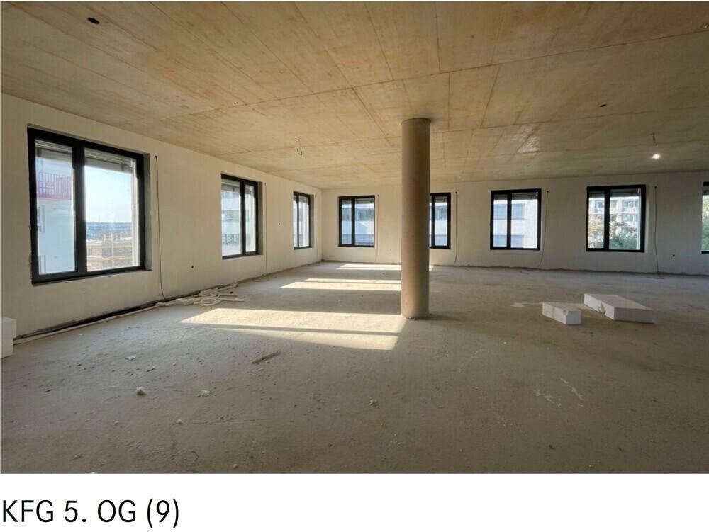 Geräumiger Büroraum im Rohbau mit Betonsäulen und großen Fenstern, die viel Licht hereinlassen.