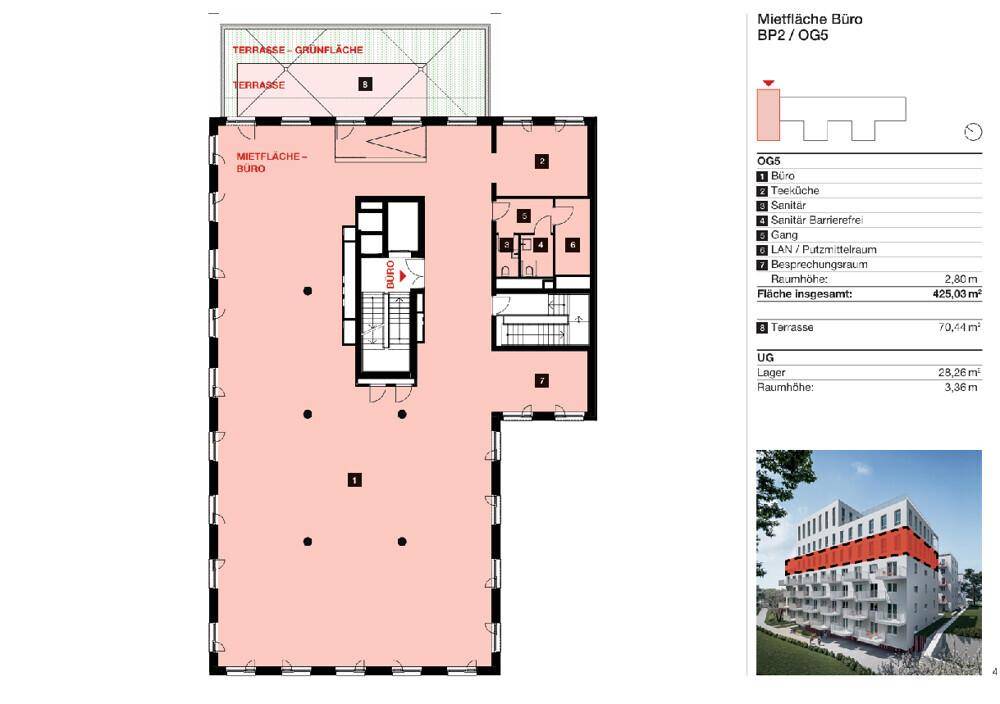 Grundriss des Büros im 5. Obergeschoss mit Terrasse und Grünfläche.