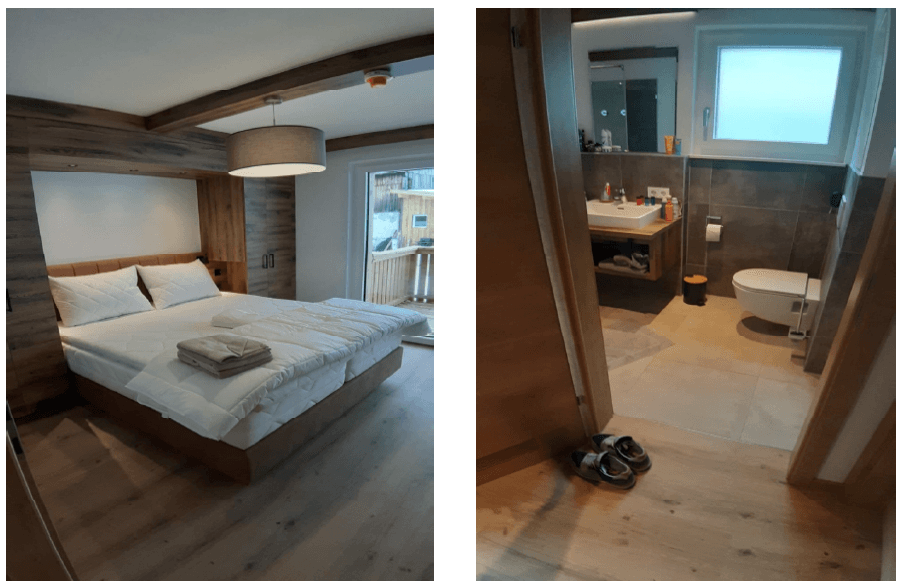 Kombiniertes Bild zeigt ein Schlafzimmer mit Holzbalken und Zugang zum Balkon sowie ein modernes Badezimmer mit Fenster.