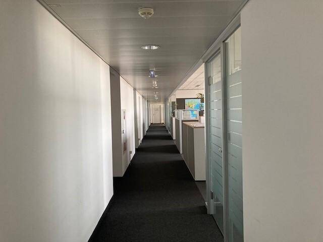 Langer Bürogang mit Teppichboden und Glastüren zu den einzelnen Büros.
