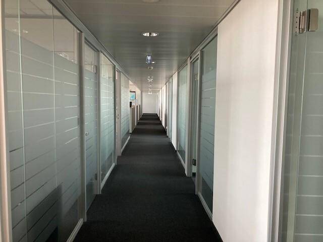 Langer Bürogang mit vielen Glastüren zu den einzelnen Büroräumen und Teppichboden.