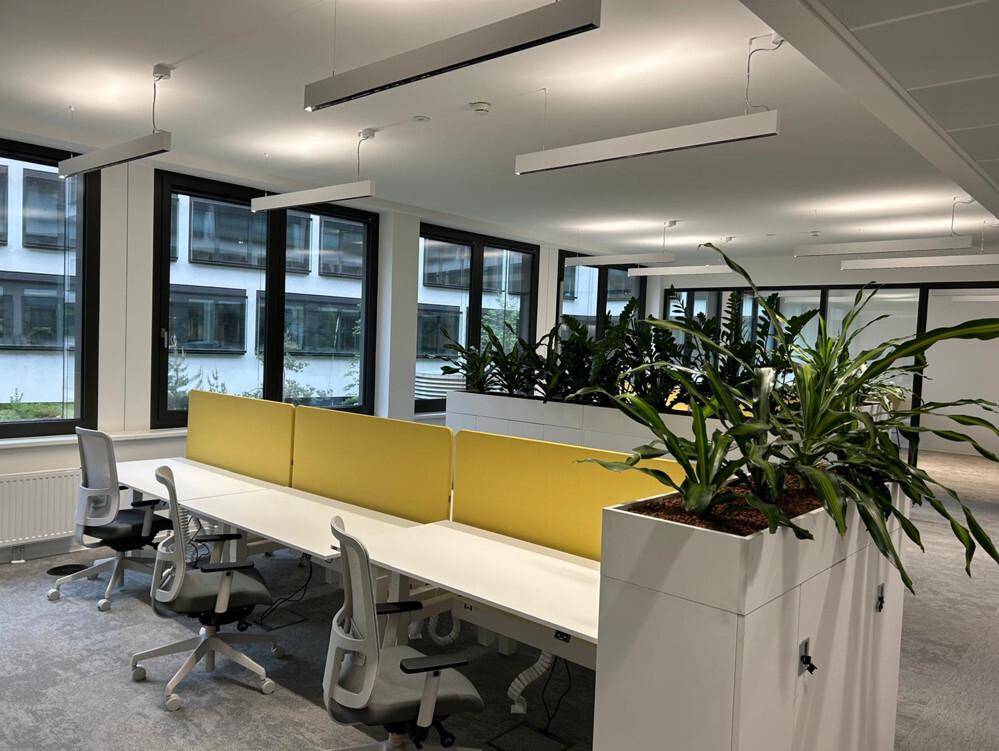 Offener Bürobereich mit modernen Arbeitsplätzen, Pflanzen als Raumteiler und großen Fenstern zum Innenhof.