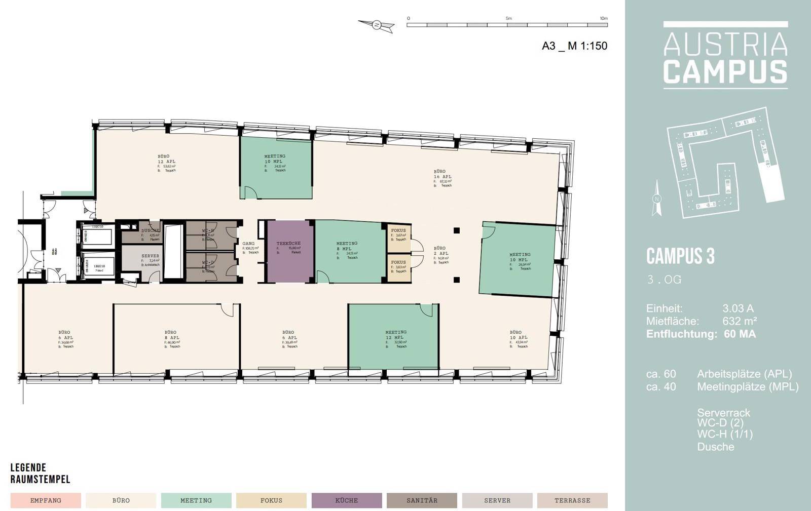 Detaillierter Grundriss des dritten Obergeschosses mit Büros, Besprechungsräumen, Sanitärbereichen und Terrasse.