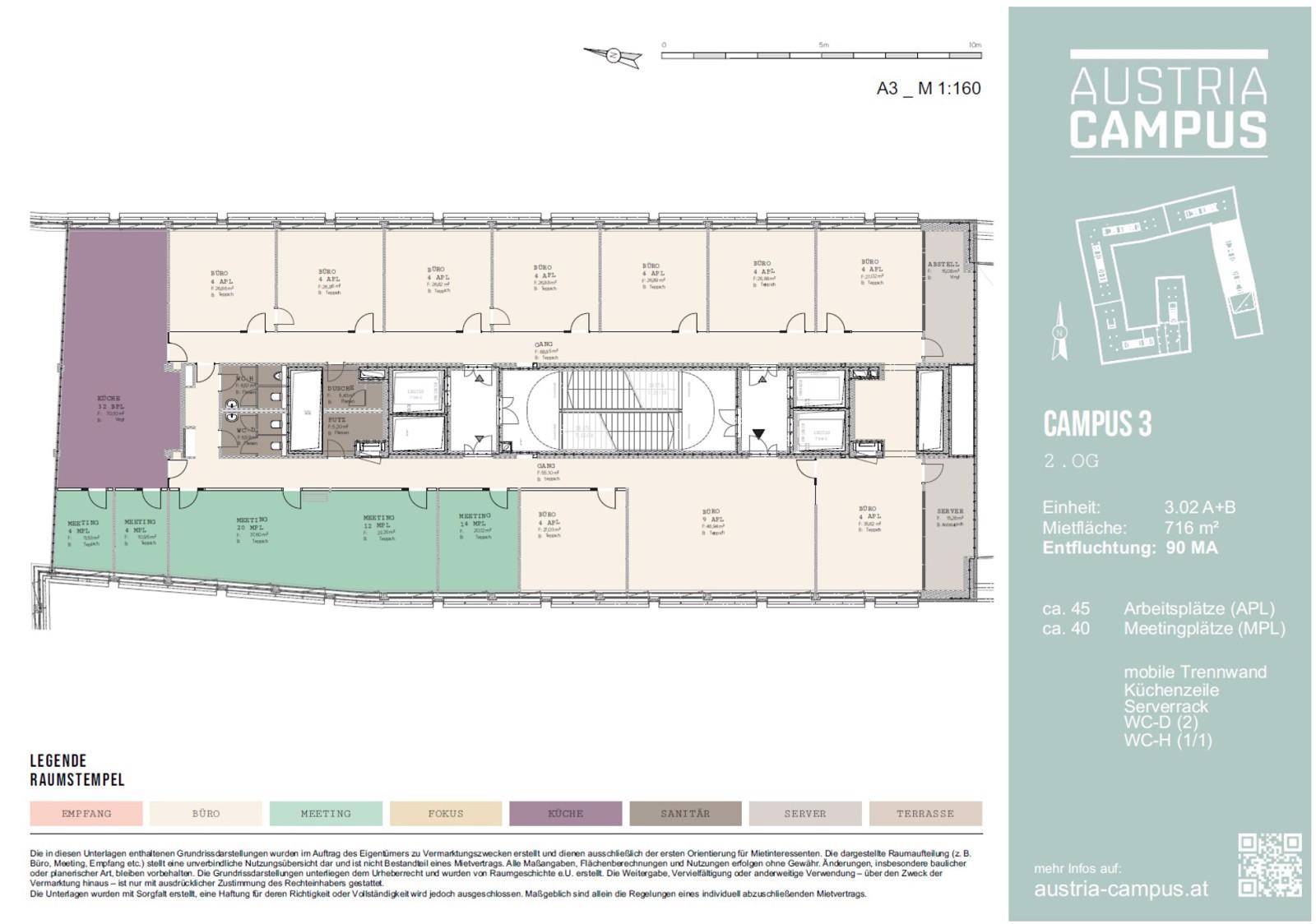 Detaillierter Grundriss des zweiten Obergeschosses mit Büros, Besprechungsräumen, Sanitärbereichen und Terrasse.