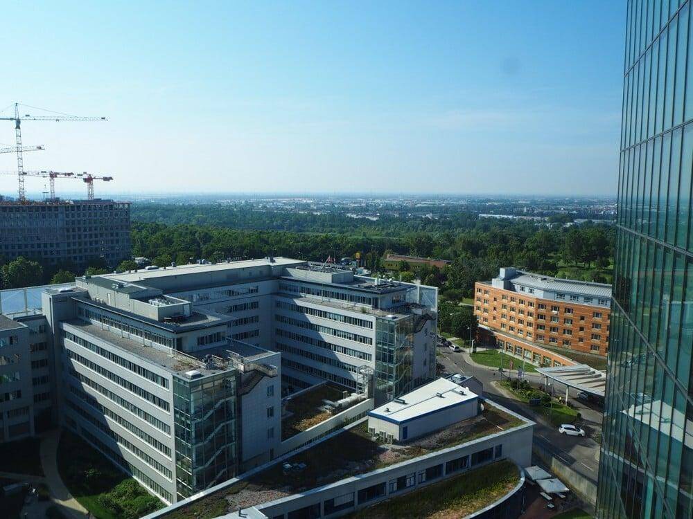 Weitläufige Ansicht von Bürogebäuden und grüner Landschaft unter blauem Himmel.