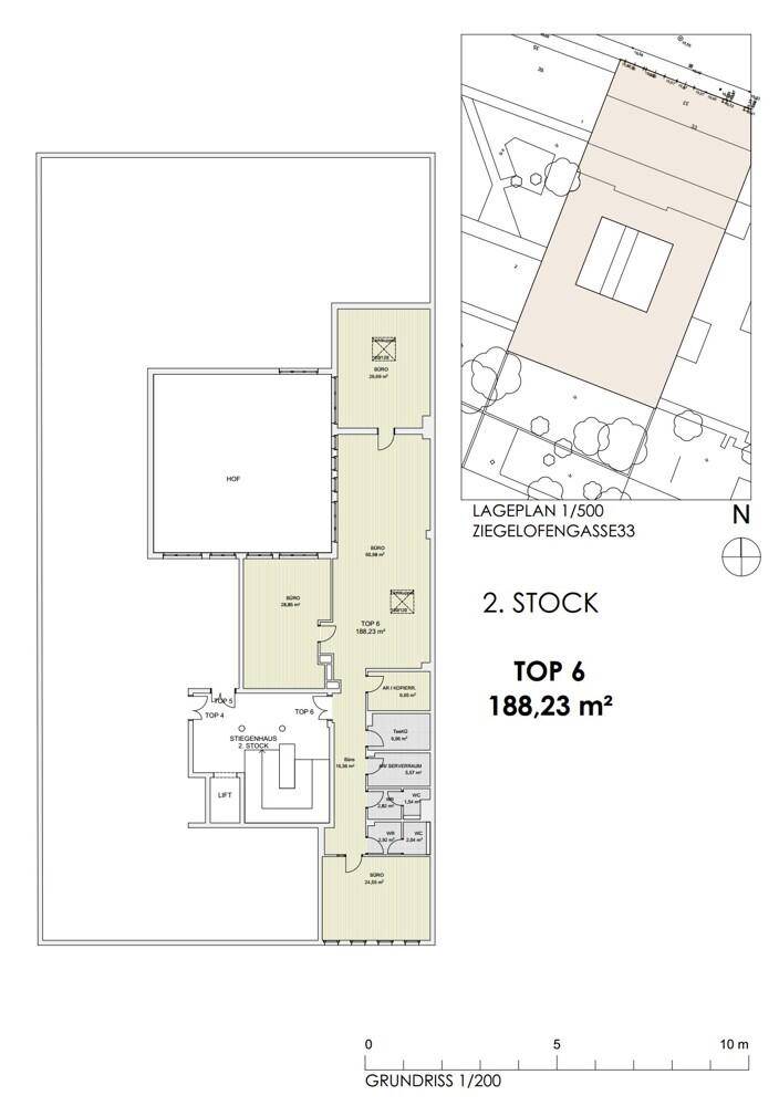 Grundriss des zweiten Stocks mit einer Fläche von 188,23 m² und Lageplan des Gebäudes.
