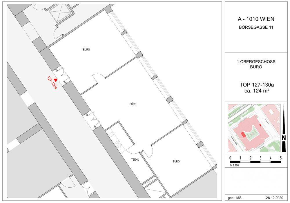 Grundriss des ersten Obergeschosses mit Büros und einer praktischen Teeküche, ideal für Mitarbeiterpausen.