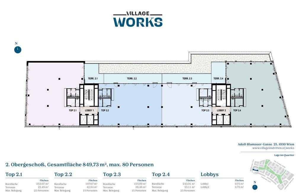 Grundriss des 2. Obergeschosses mit mehreren Büroeinheiten und Terrassenbereichen.