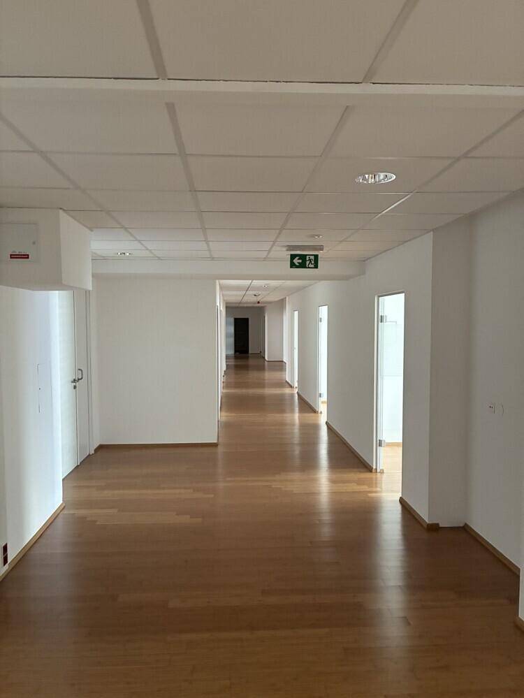 Weitläufiger Bürogang mit Holzboden, weißen Wänden und vielen Türen, die zu den Büros führen.