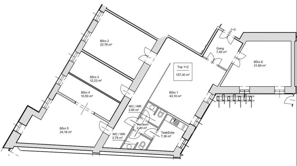 Detaillierter Grundriss einer Bürofläche von 157,30 m² mit mehreren Büros, Teeküche und Sanitäranlagen.
