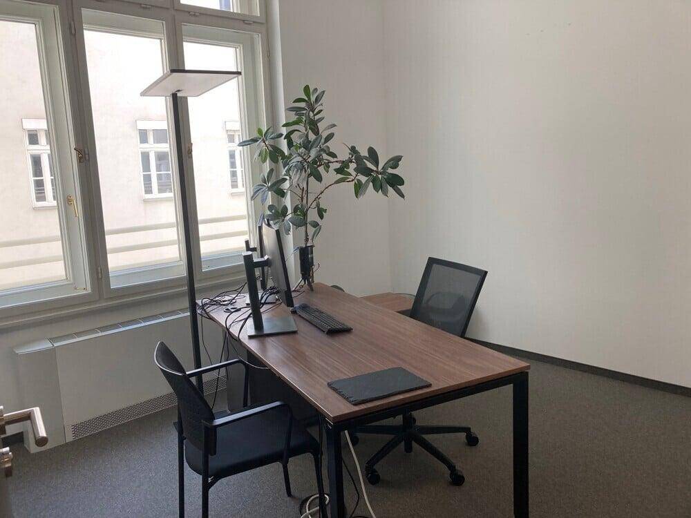 Helles Einzelbüro mit Teppichboden, großem Fenster und modernem Schreibtisch.
