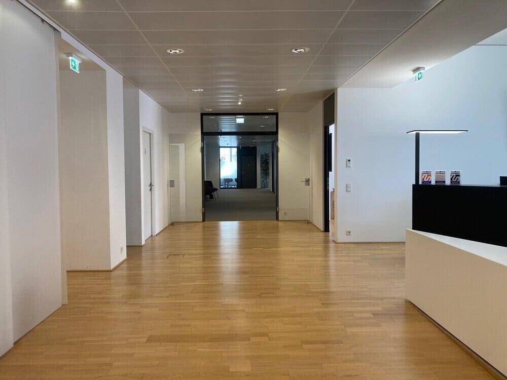 Geräumiger Flur mit hellem Holzfußboden, weißen Wänden und modernen Deckenleuchten.