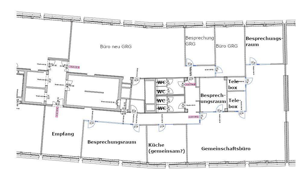 Detaillierter Grundriss mit verschiedenen Büroräumen, Besprechungszimmern und Sanitäranlagen.