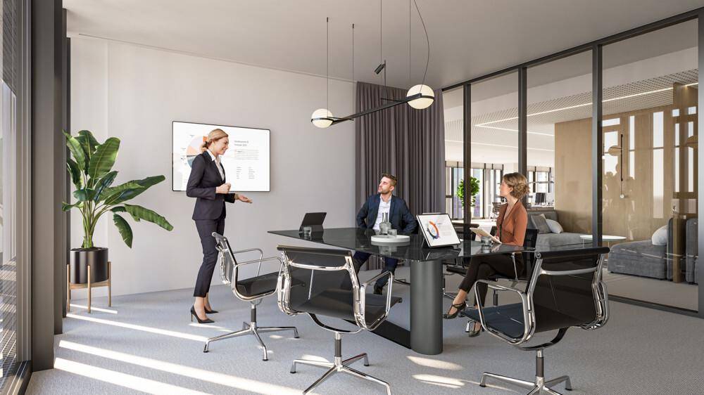 Eleganter Konferenzraum mit großem Tisch, modernen Stühlen und Glaswänden für Besprechungen.