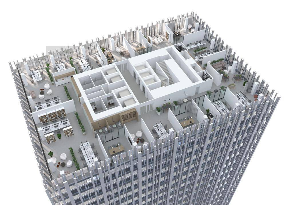 3D-Grundriss eines Büroetage in einem Hochhaus mit verschiedenen Arbeits- und Besprechungsbereichen.