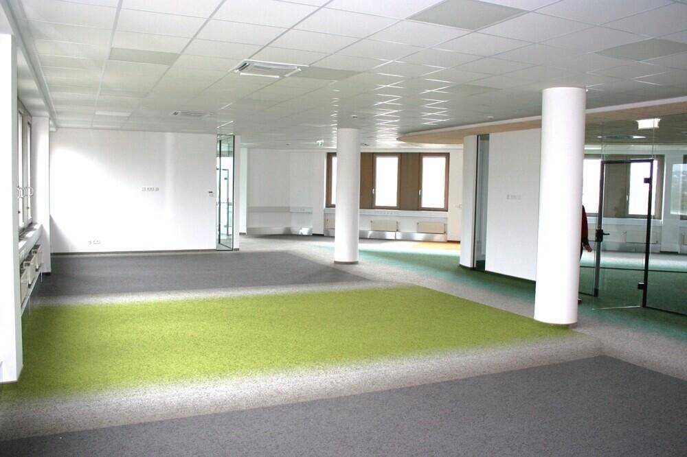 Geräumiges, offenes Büro mit Teppichboden in Grau und Grün, weißen Säulen und großen Fenstern für viel Licht.