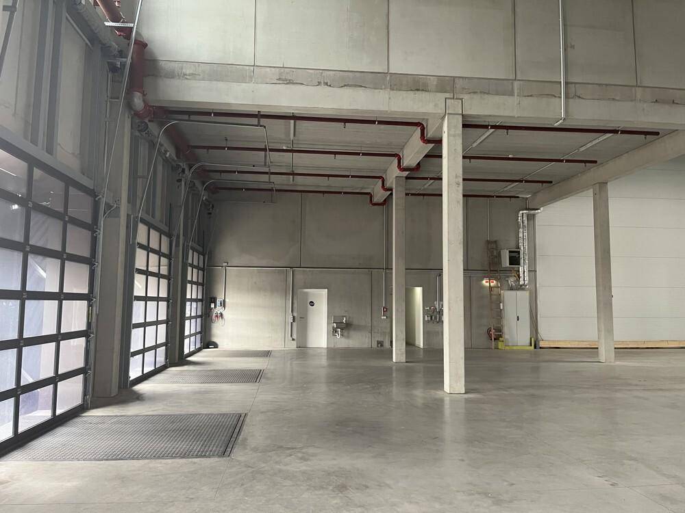 Leere Lagerhalle mit Betonwänden, sichtbaren Rohren und mehreren Rolltoren für den Zugang.
