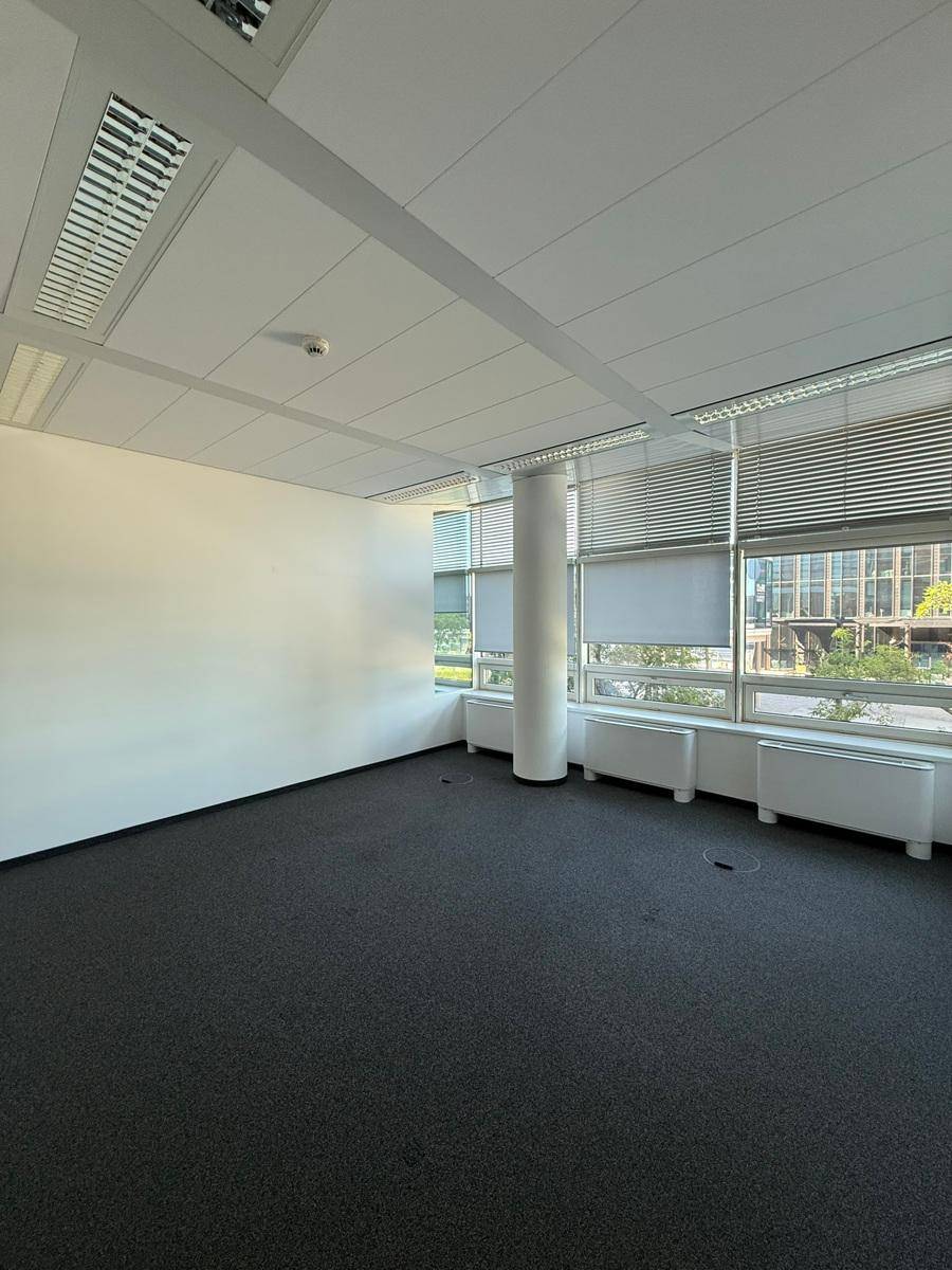 Leeres Büro mit Teppichboden und Fenstern, die mit Rollos und Jalousien ausgestattet sind.