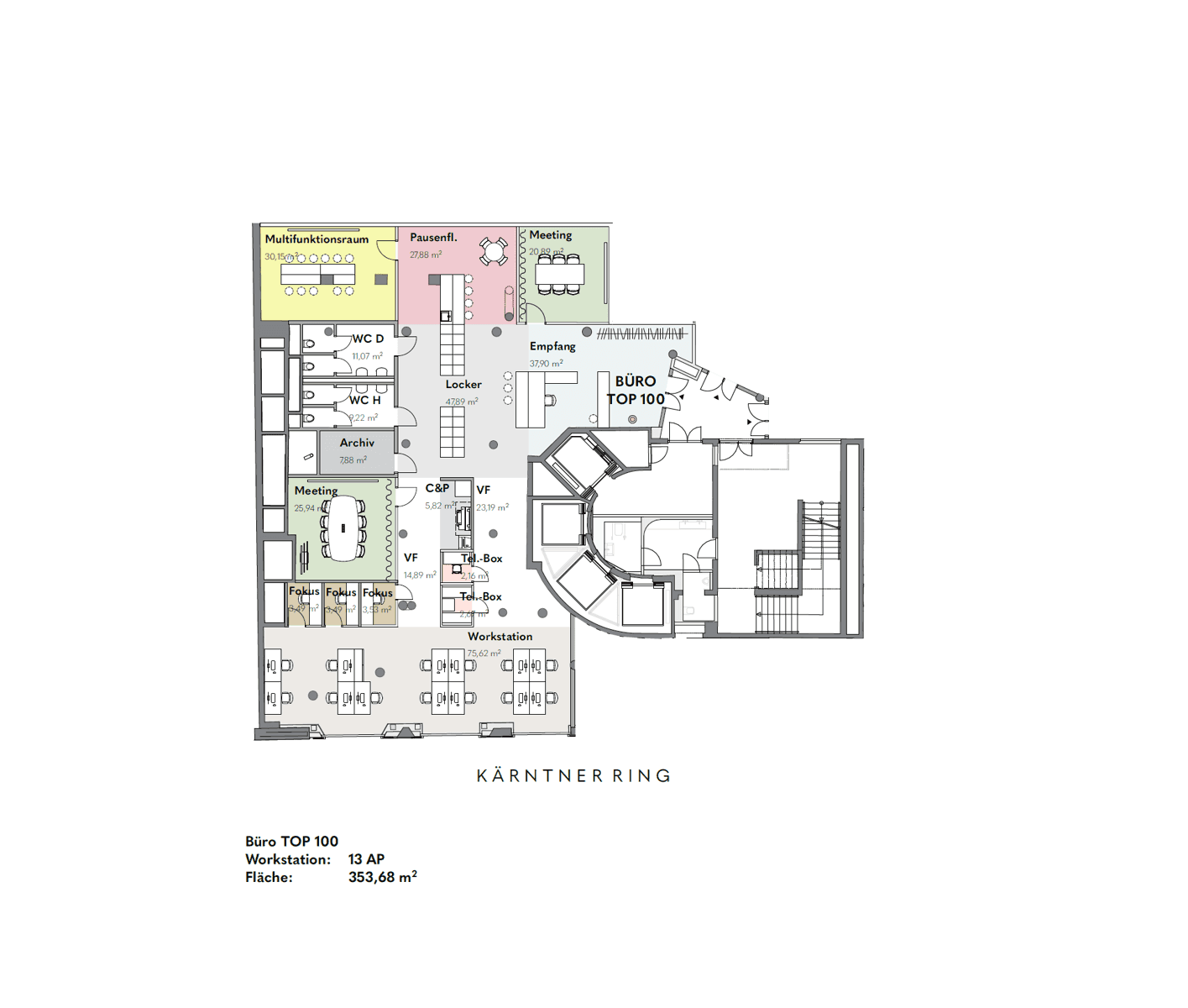Grundriss für Büro TOP 100 mit Multifunktionsraum, Empfangsbereich, Workstations und Archiv.