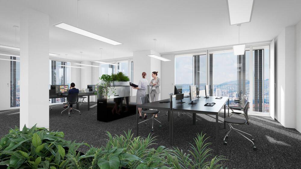 Großzügiges Büro mit mehreren Arbeitsplätzen, dekorativen Pflanzen und weitem Ausblick durch große Fenster.