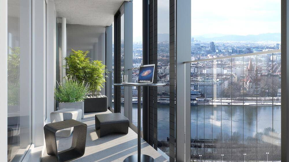 Moderner Balkon mit Sitzgelegenheiten und Pflanzen, bietet einen atemberaubenden Blick auf die Stadt und den Fluss.