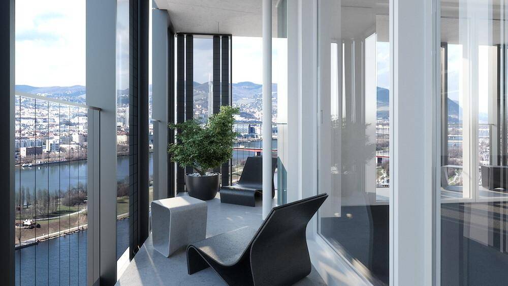 Stilvoller Balkon mit modernen Möbeln und Pflanzen, bietet einen weiten Blick auf Stadt, Fluss und Berge.