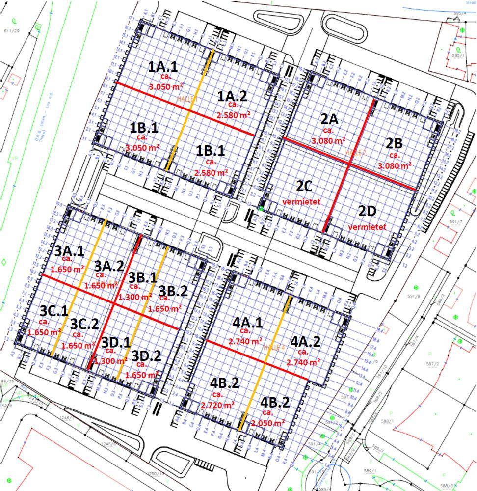 Detaillierter Grundrissplan des Gewerbeparks mit Aufteilung der Hallen und deren jeweiligen Flächenangaben.