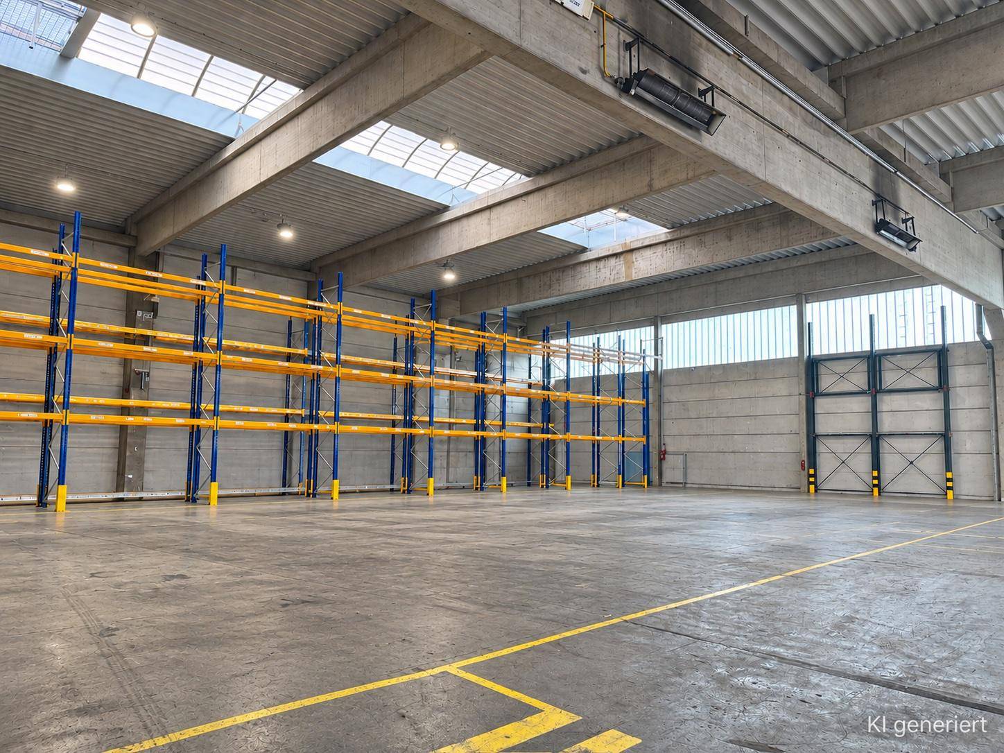 Große Lagerhalle mit hohen Decken, Betonstützen und installierten Hochregalen für Lagerung.