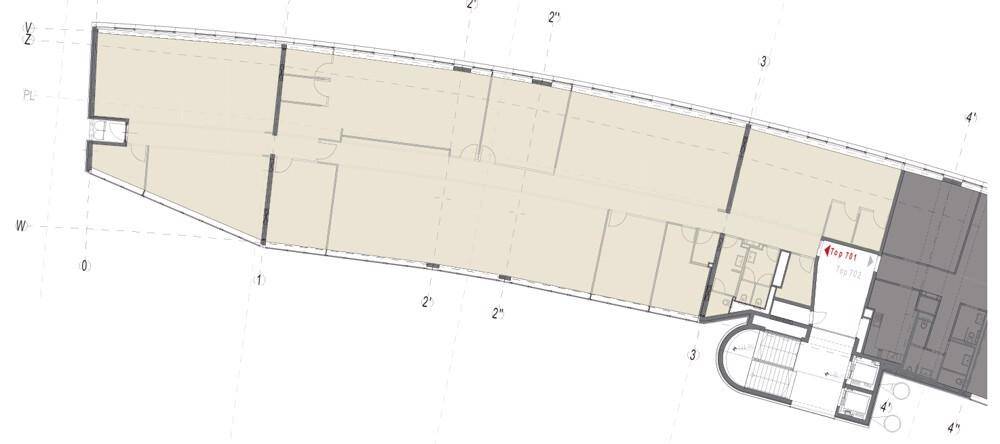 Grundrissplan zeigt die Aufteilung eines Stockwerks mit mehreren Räumen und einem Treppenhaus.