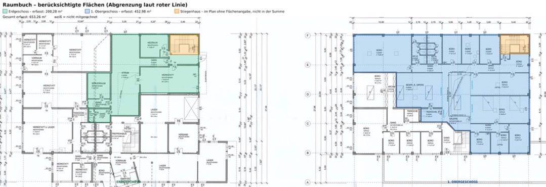 Zwei detaillierte Grundrisse zeigen verschiedene Büroflächen mit offener Gestaltung und Balkonen.