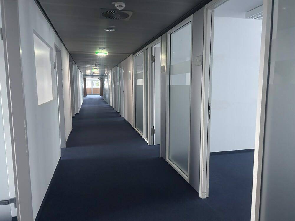 Moderner Bürogang mit blauem Teppichboden und Glastüren, die zu den einzelnen Büros führen.