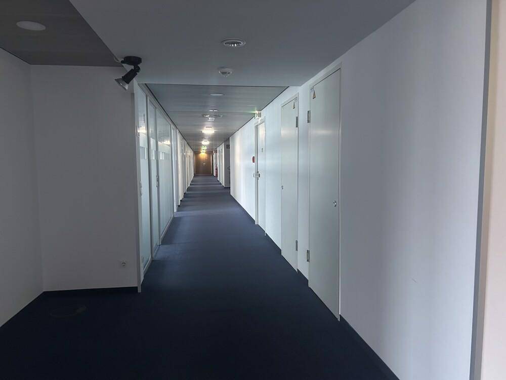 Langer, heller Flur mit blauem Teppichboden und vielen weißen Bürotüren auf beiden Seiten.