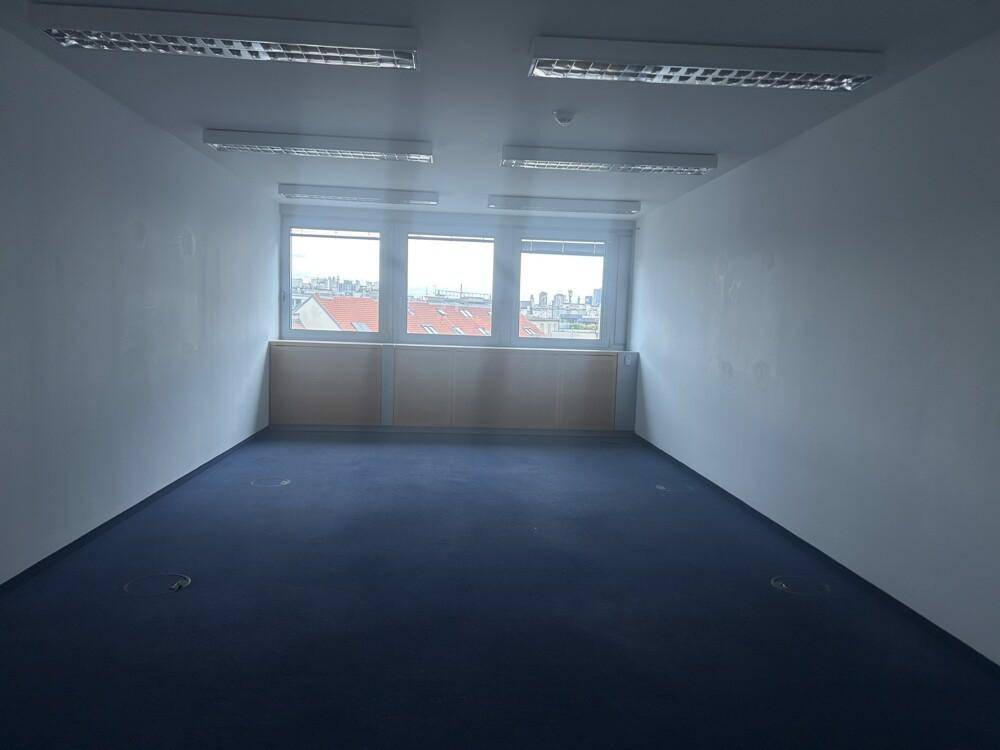 Leerer Büroraum mit blauem Teppichboden und Fenstern, die einen Blick auf die Stadt bieten.